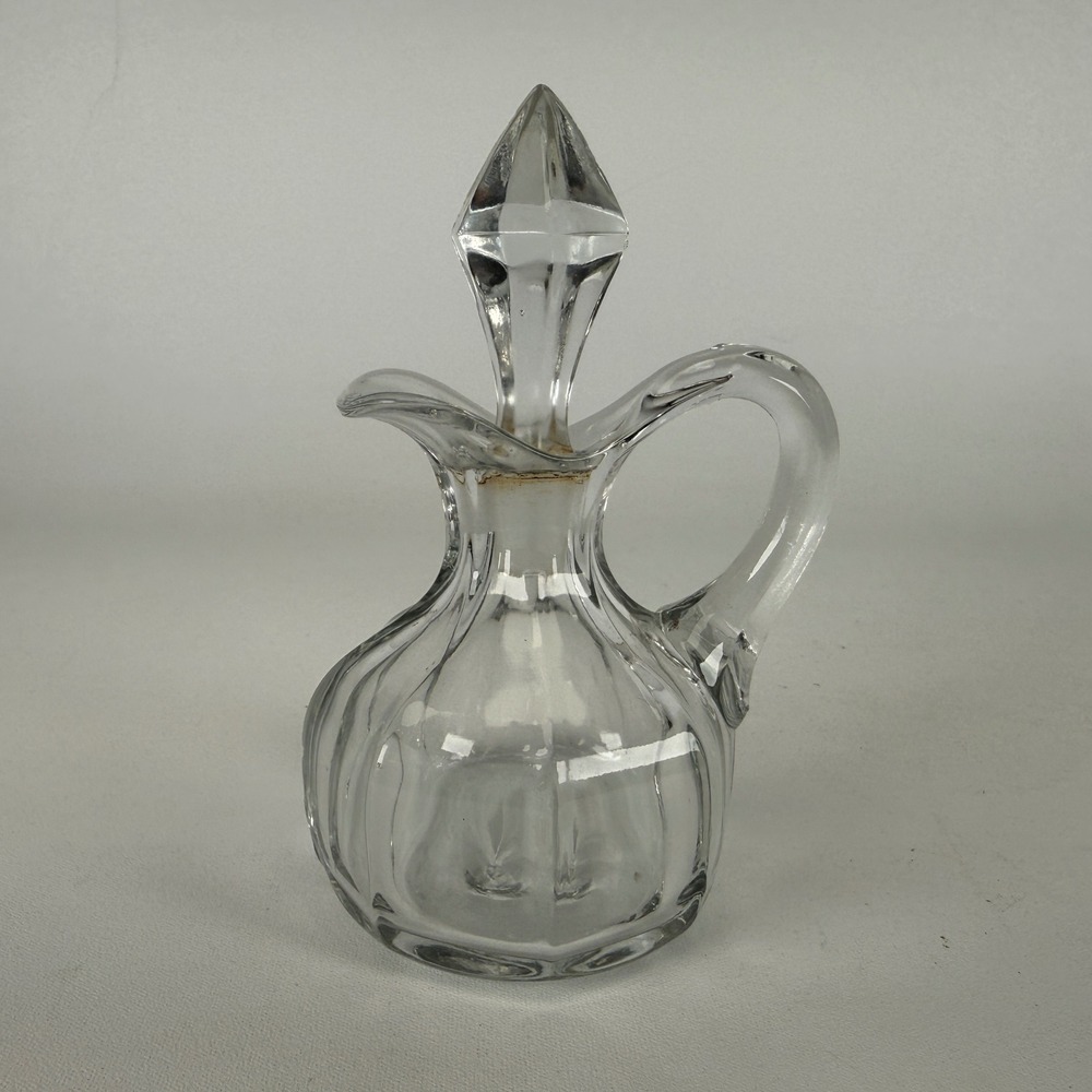 Vintage Clear Glass Cruet Bottle with Faceted Stopper Ribbed Vinegar Oil Pitcher
